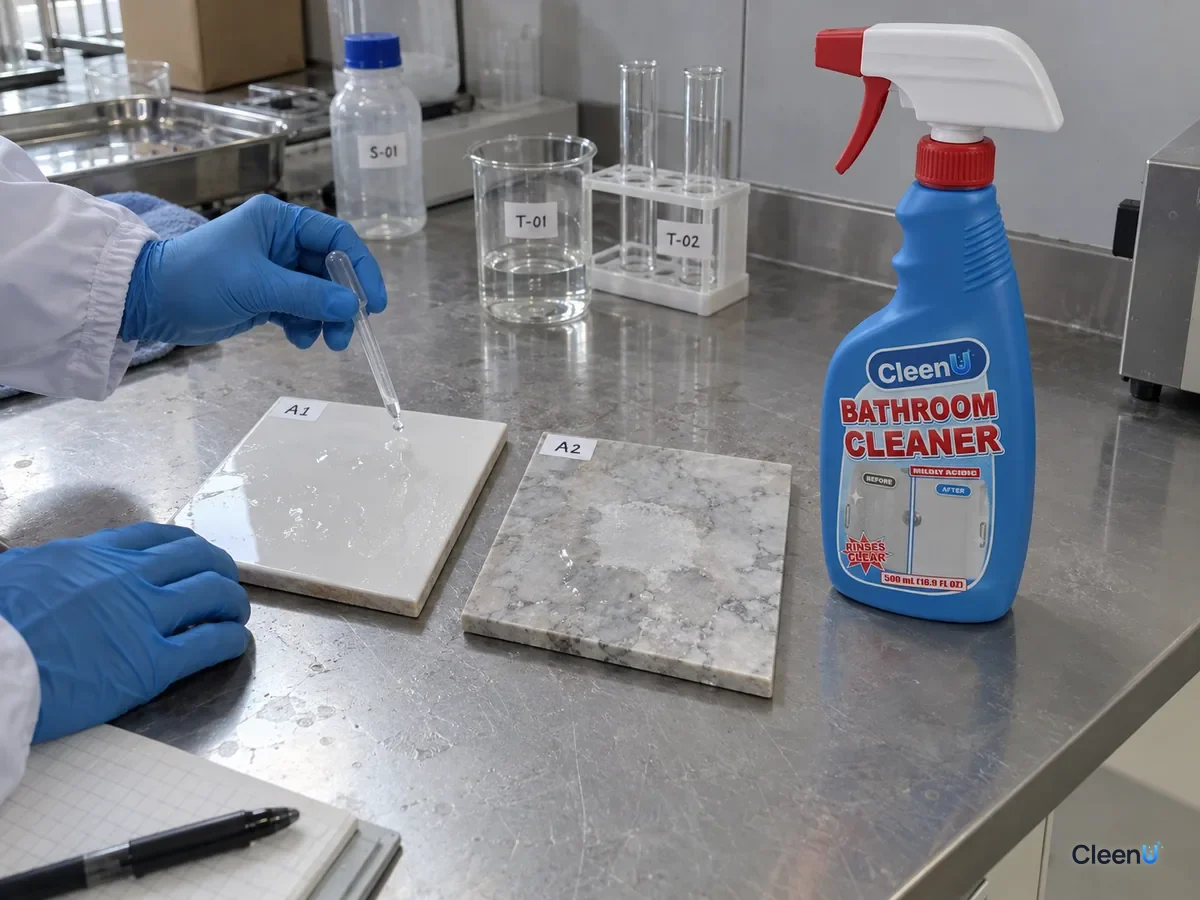 Lab bench: a coded glazed tile and a marble panel, both spotted with mild acid; scale dissolved on tile while marble shows a dull etch, beside CleenU Bathroom Cleaner.