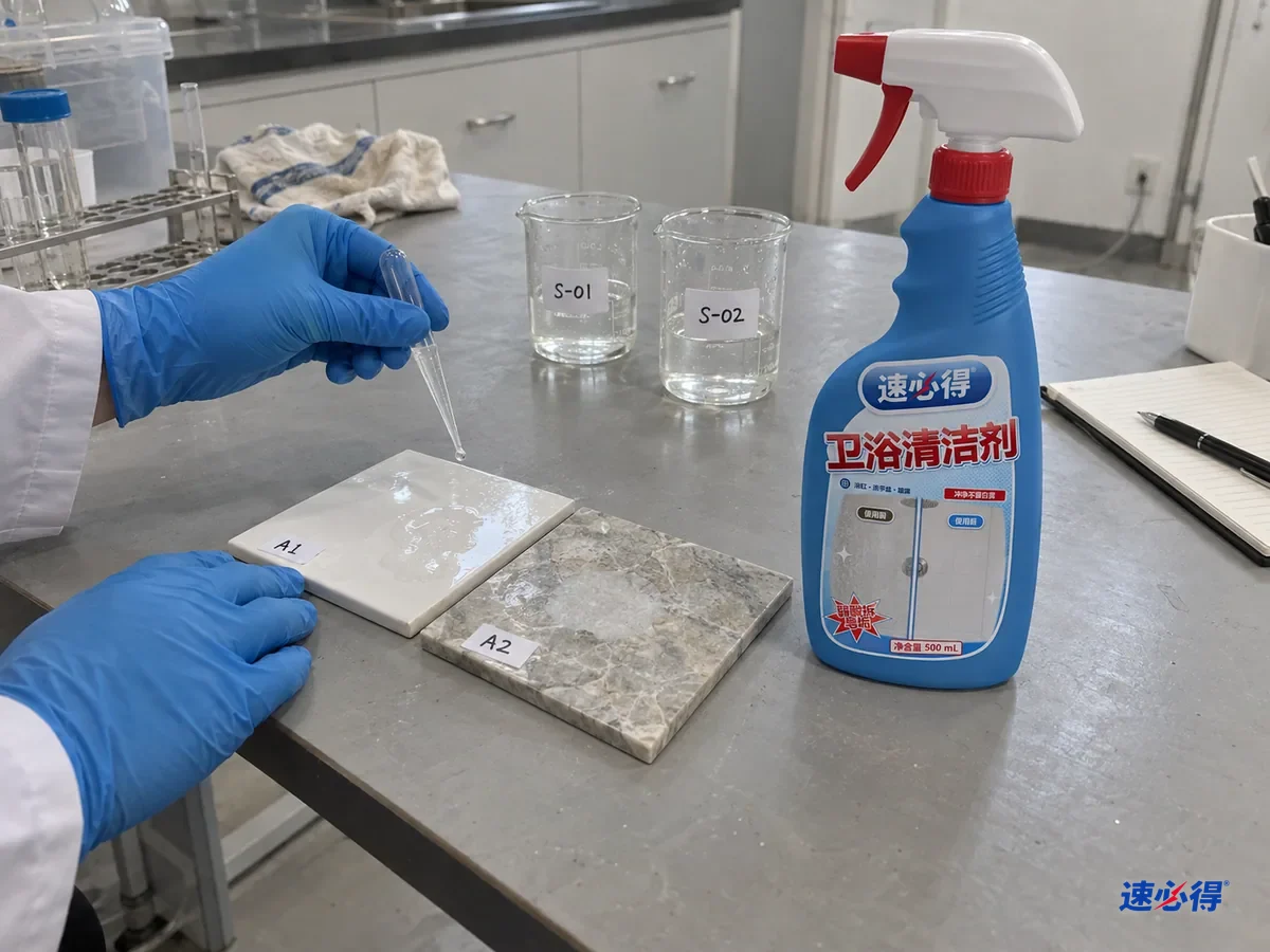 实验台上一块釉面瓷砖样板和一块大理石样板贴着不同测试编号，都滴了弱酸性清洁剂，瓷砖上的水垢被溶解，大理石上留下哑光斑，技术人员侧光比较，台面上放着一瓶速必得卫浴清洁剂。