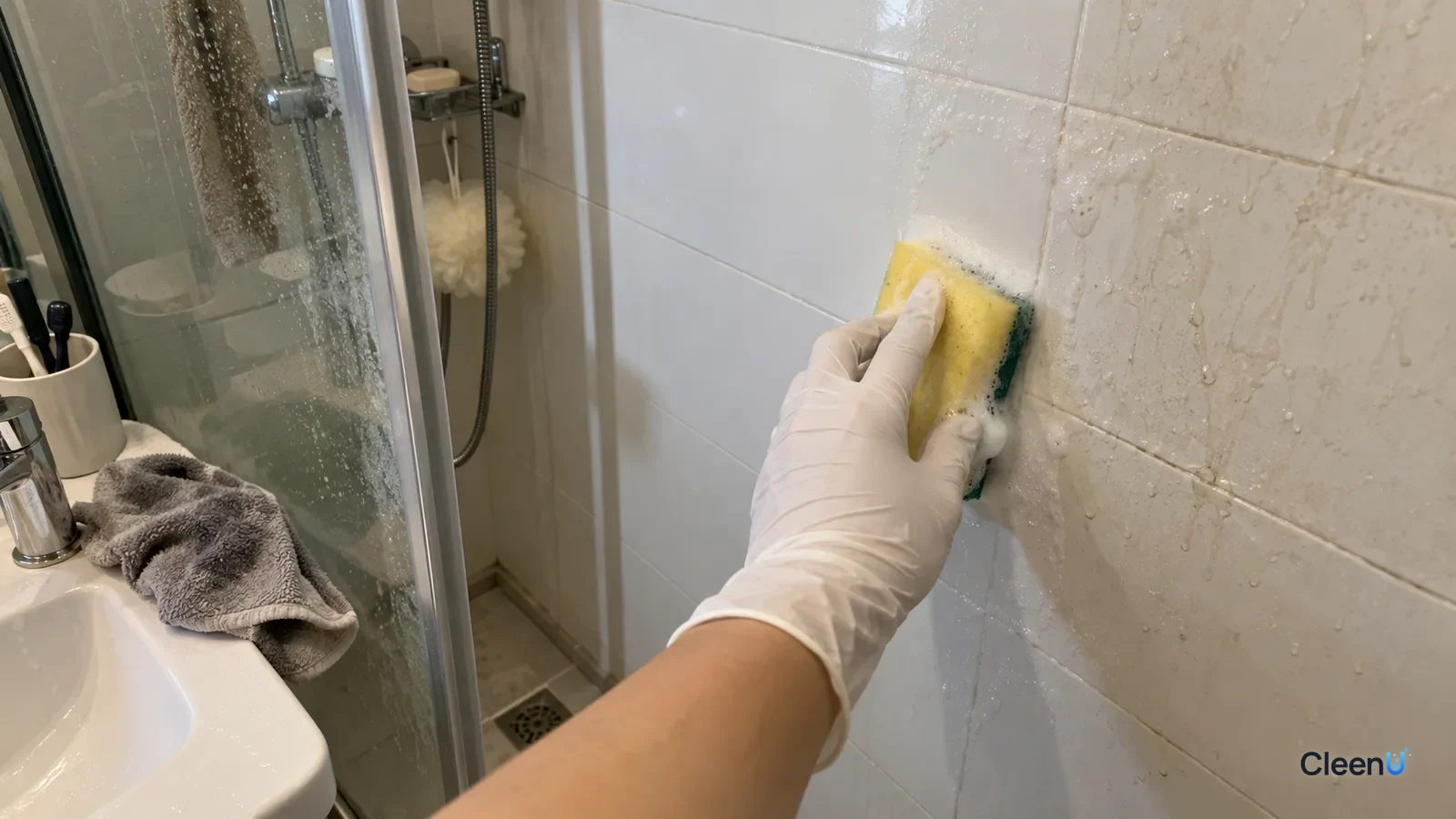 White nitrile-gloved hand sponging white shower wall tile, a little foam on the sponge, one patch clean beside water marks, a towel laid over the vanity top
