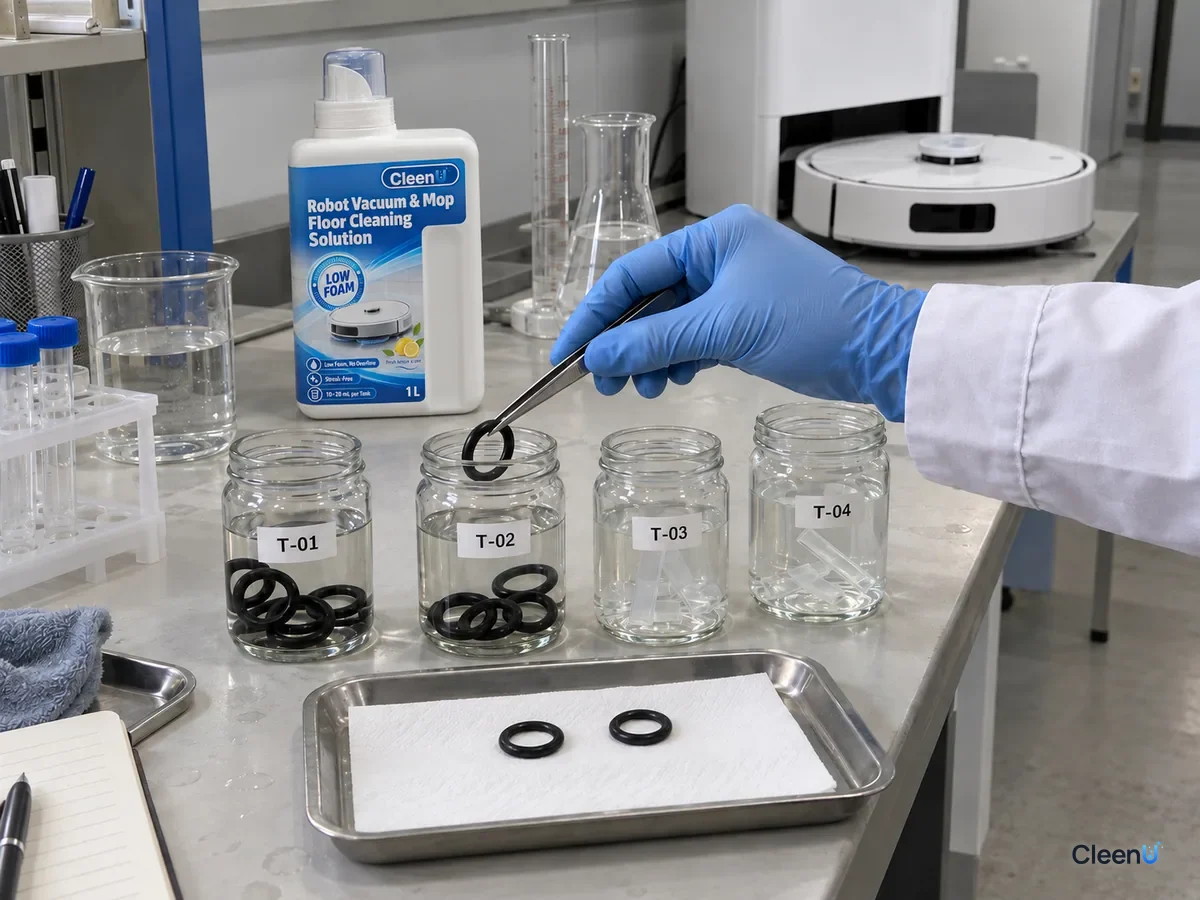 Soak test: jars T-01 to T-04 hold rubber O-rings and plastic strips; tweezers lift a ring, CleenU Robot Mop solution behind.