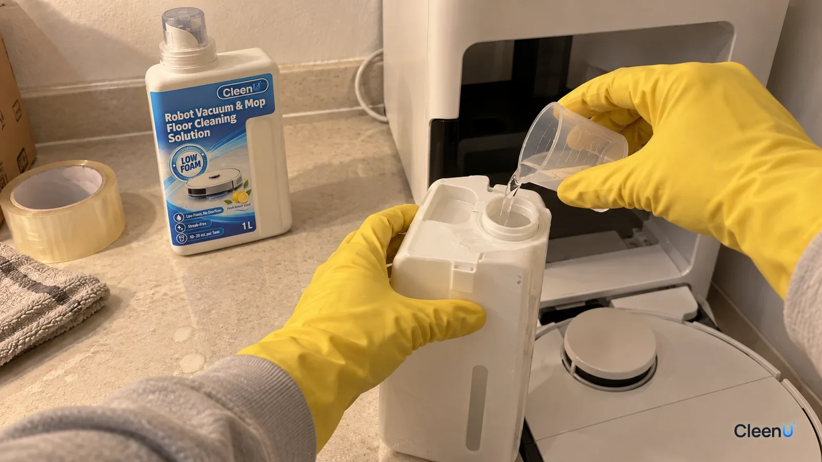 Yellow-gloved hands pour solution into a dock's auto-dosing cartridge next to a CleenU Robot Vacuum & Mop Low Foam bottle.