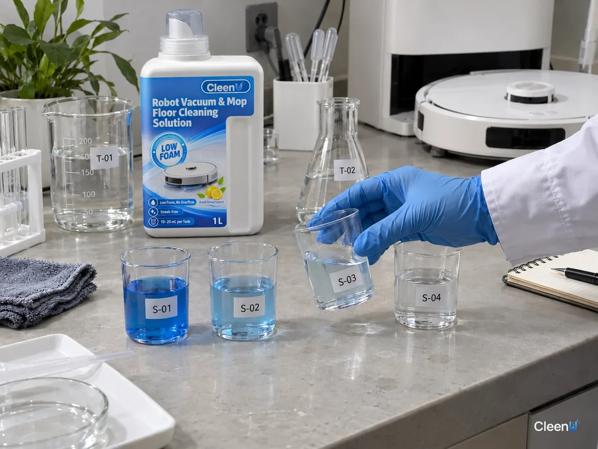 A lab tech compares beakers S-01 to S-04 of blue solution at falling concentrations, beside a CleenU Low Foam bottle.