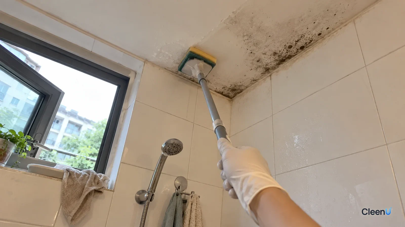 A gloved hand raises a pole sponge to wipe mold spots in a bathroom ceiling corner, one patch lighter and gray spots still beside it, window open