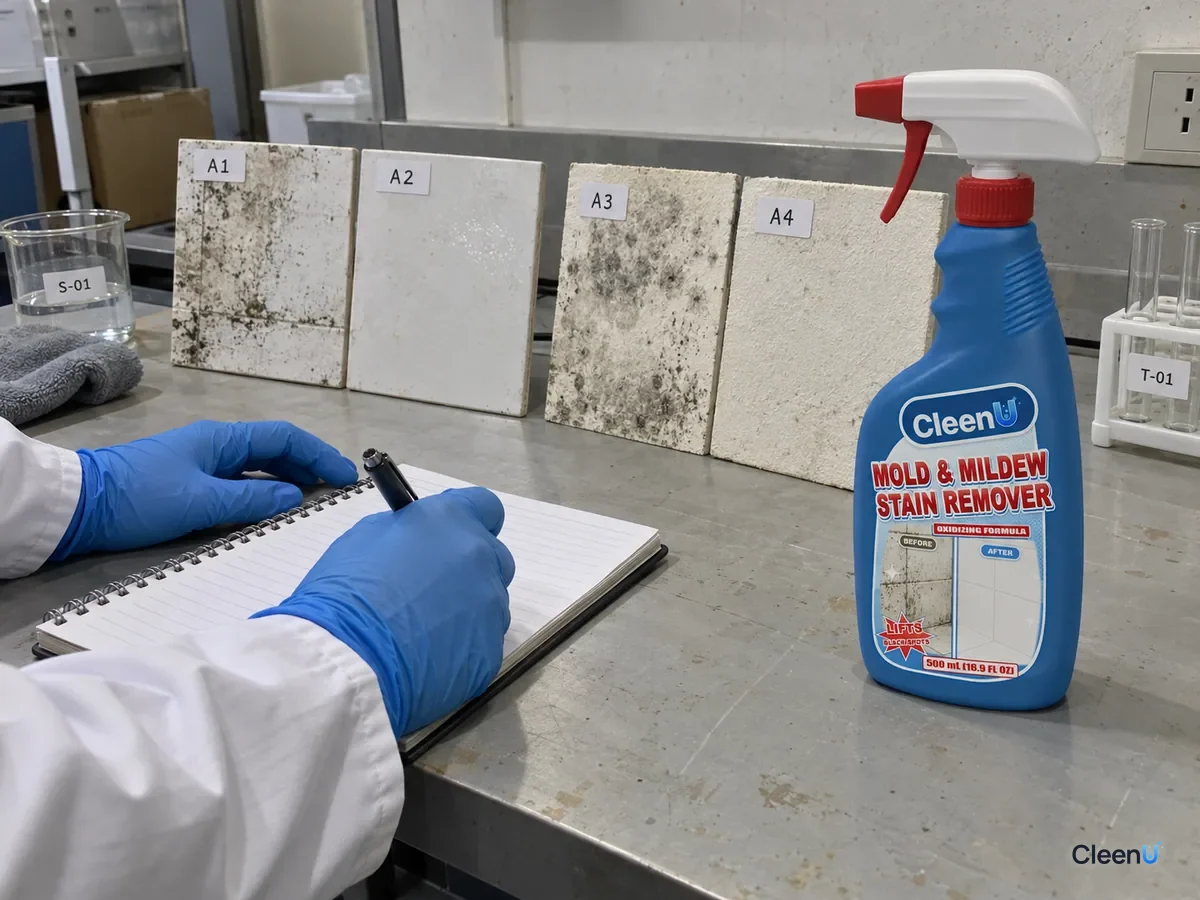 Lab bench: coded tile and painted panels with mold; the tile faded after mold remover while the painted panel stays untreated, beside CleenU Mold & Mildew Stain Remover.