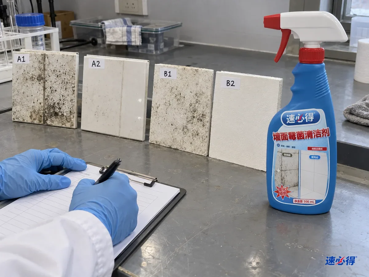 实验台上几块贴着不同测试编号的瓷砖和乳胶漆样板，带着霉斑，瓷砖样板喷了除霉剂后褪色，乳胶漆样板没有处理，技术人员戴着护目镜记录，台面上放着一瓶速必得墙面霉菌清洁剂。