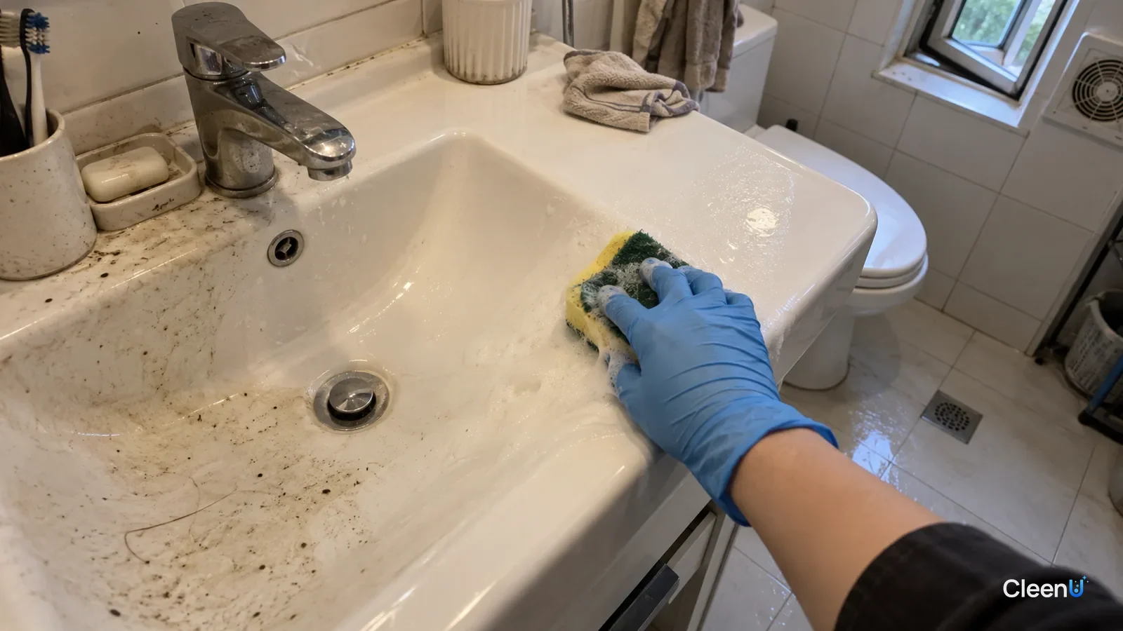 First-person: a blue nitrile-gloved hand sponges a bathroom sink, half clean, a little foam on the sponge, the small window open.