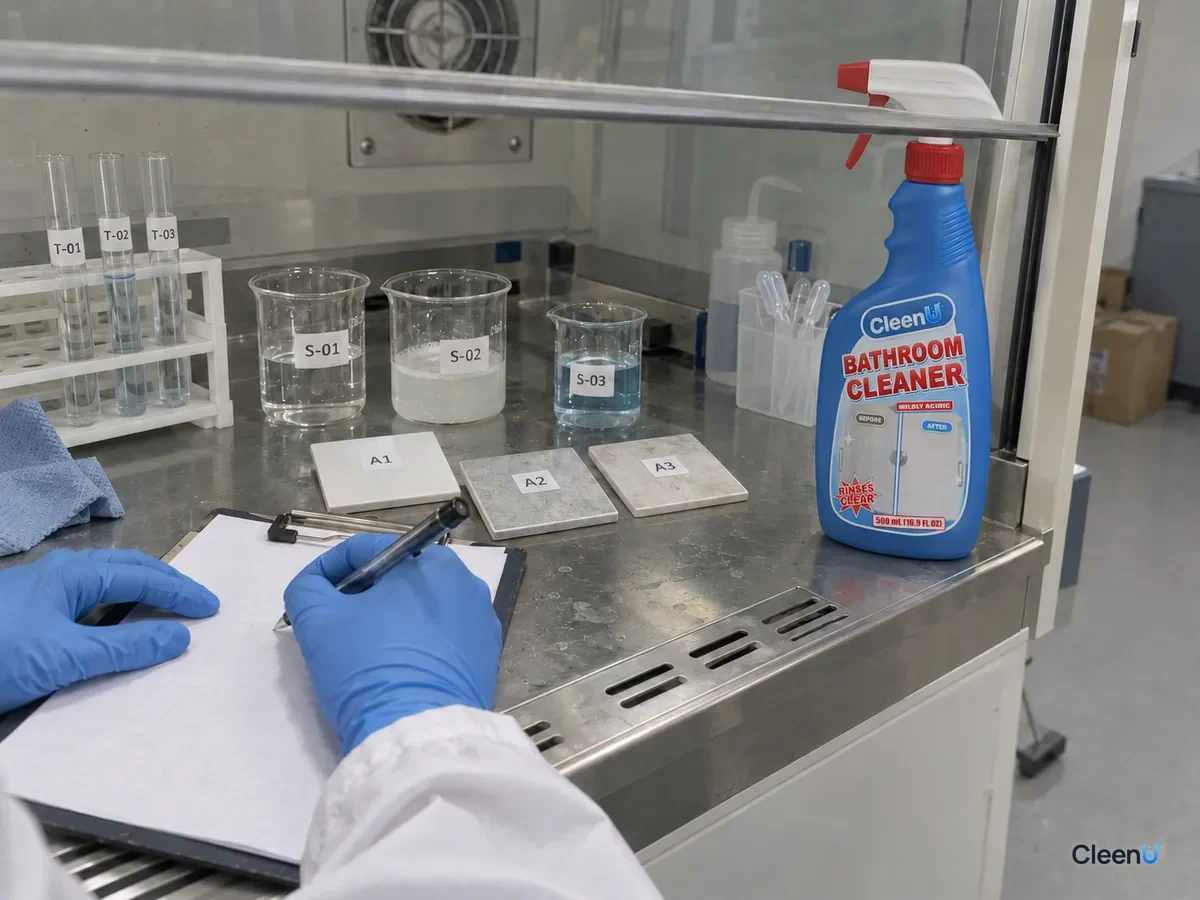 Inside a lab fume hood, coded sample bottles and beakers sit as a technician in gloves and goggles takes notes with the hood fan running, beside CleenU Bathroom Cleaner.