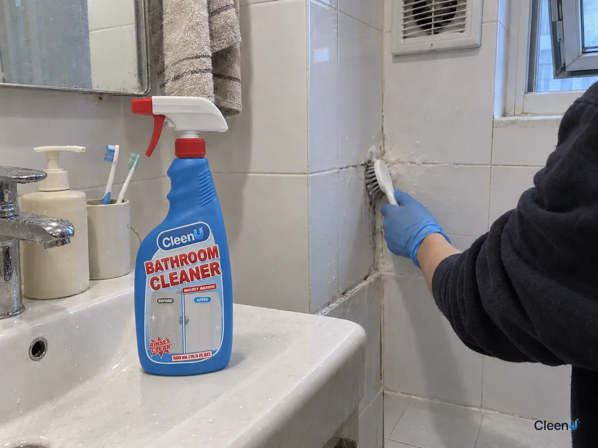 In the small bathroom with the fan on, a blue nitrile-gloved hand brushes white tile grout in a corner, one stretch lighter, a capped CleenU Bathroom Cleaner on the vanity.