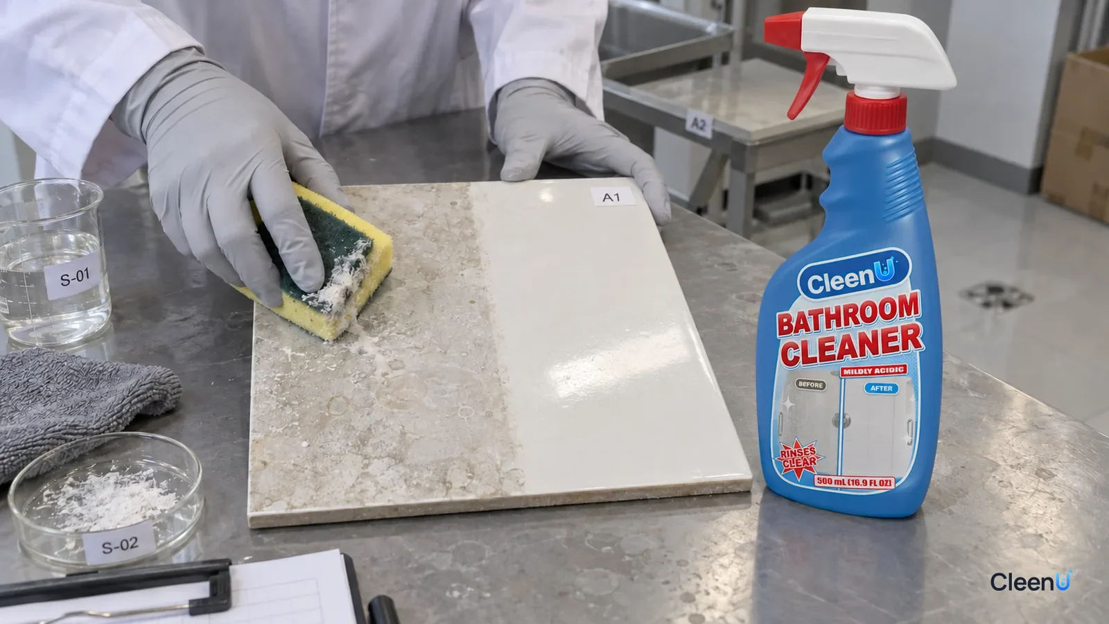 First-person: a light gray nitrile-gloved hand sponges scale off a glazed tile sample, half clean, white residue on the sponge, a capped CleenU Bathroom Cleaner on the bench.