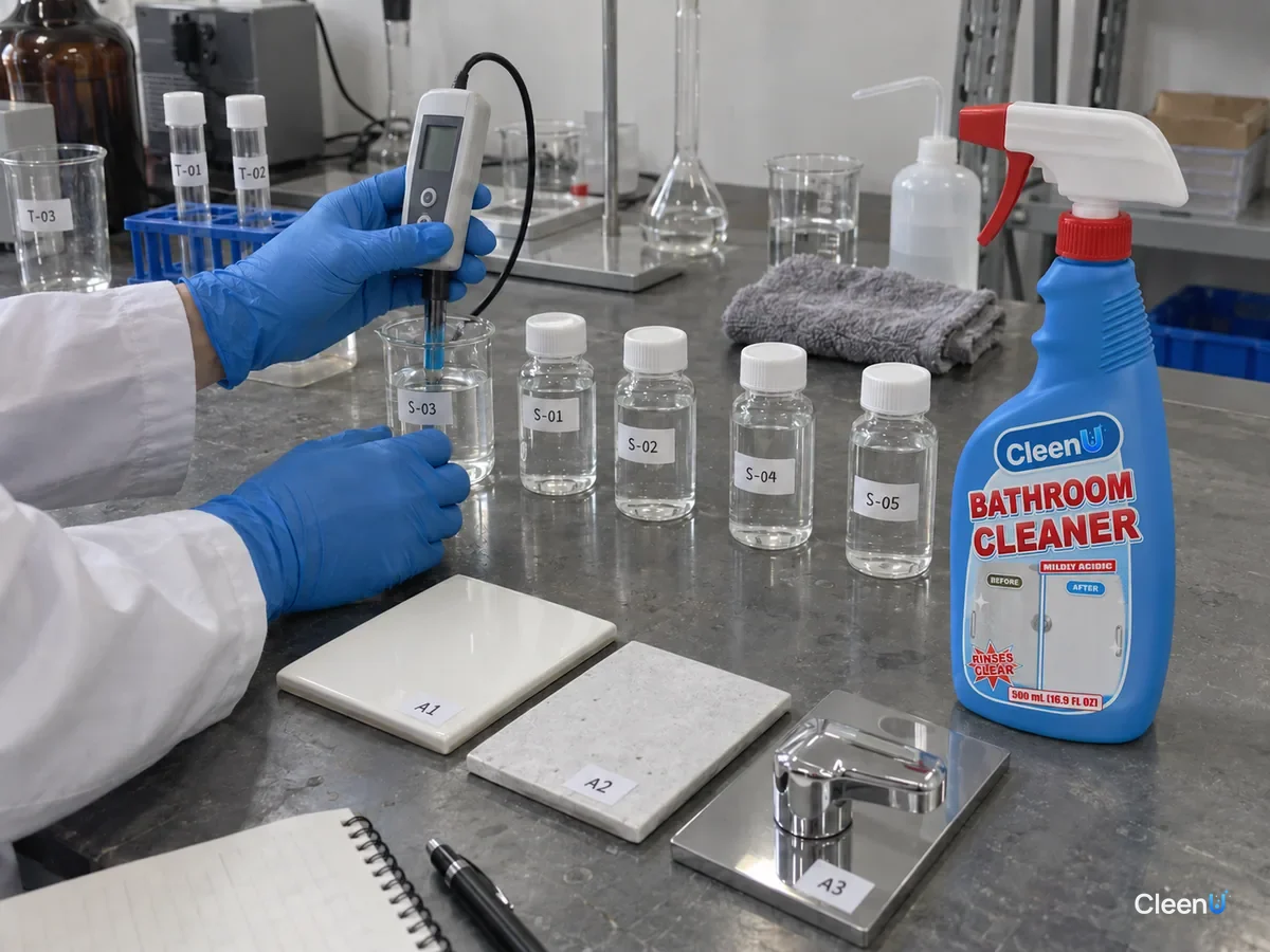 Lab bench: a row of coded sample bottles as a technician checks one with a pH meter, glazed tile and chrome samples nearby, beside CleenU Bathroom Cleaner.