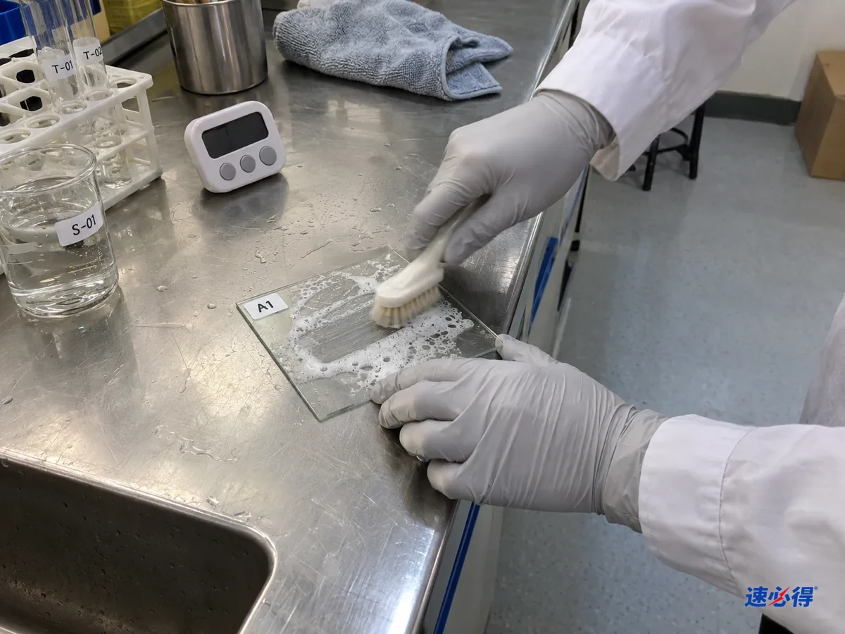 不锈钢实验台前，戴浅灰色丁腈手套的手用软刷刷玻璃样板上的皂垢，刷过的一条透出台面，样板上留着少量泡沫，计时器放在旁边。