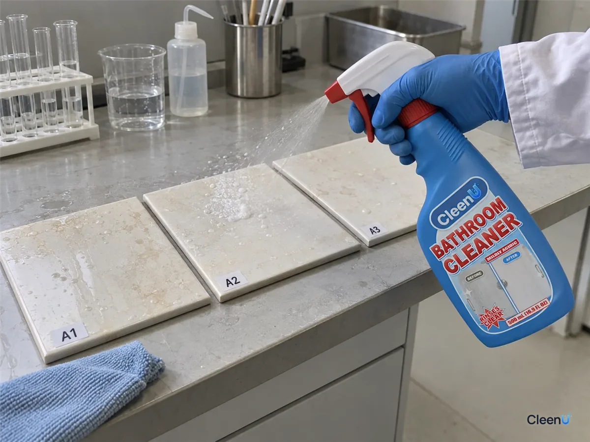 Lab bench: coded glazed tiles with soap scum and water spots; a technician sprays mild acidic cleaner, times the dwell, then scrubs, beside CleenU Bathroom Cleaner.