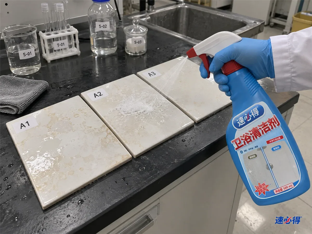 实验台上几块贴着不同测试编号的釉面瓷砖样板，带着皂垢和水渍，技术人员喷上弱酸性清洁剂后用计时器计时再擦洗，台面上放着一瓶速必得卫浴清洁剂。
