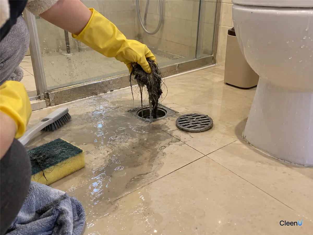 Same bathroom: by the opened floor drain, a yellow-gloved hand pulls out a clump of slimy hair while grey rinse water flows across the wet tile toward the drain.