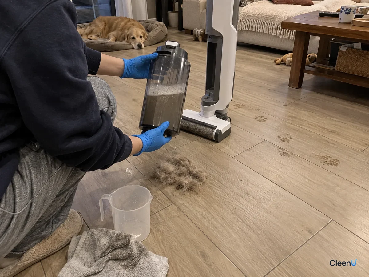 A person kneeling on a floor holds the floor cleaner's dirty water tank full of grey water and pet hair, a golden retriever nearby.