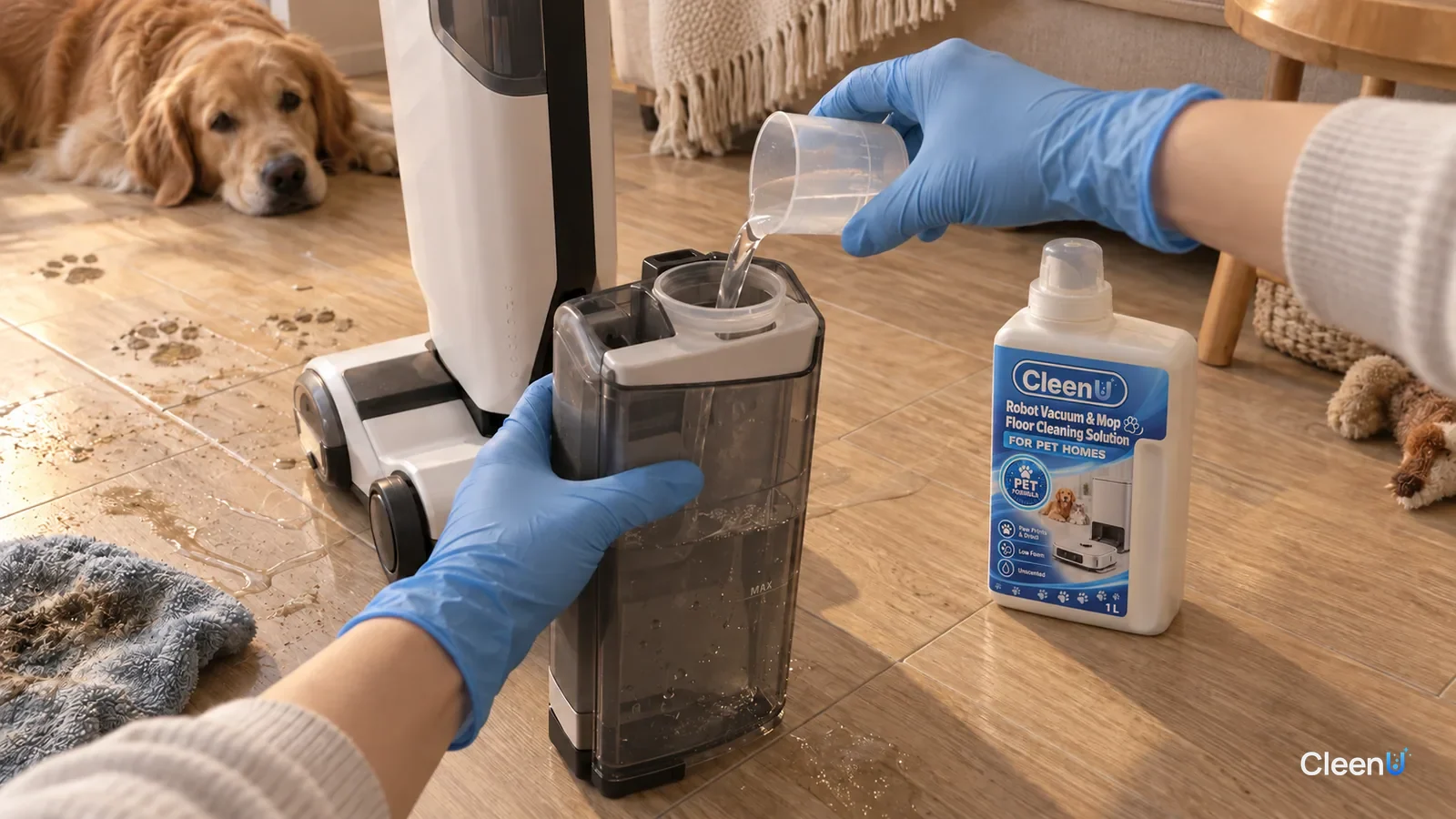 A gloved hand pours a measured dose into a wet-dry vacuum's clean water tank next to a CleenU pet-home floor solution bottle.