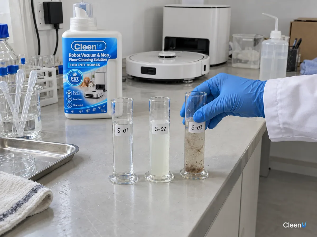 Three cylinders S-01 to S-03 compare clear, milky and hair-laden samples, with a CleenU pet-home floor solution bottle behind.