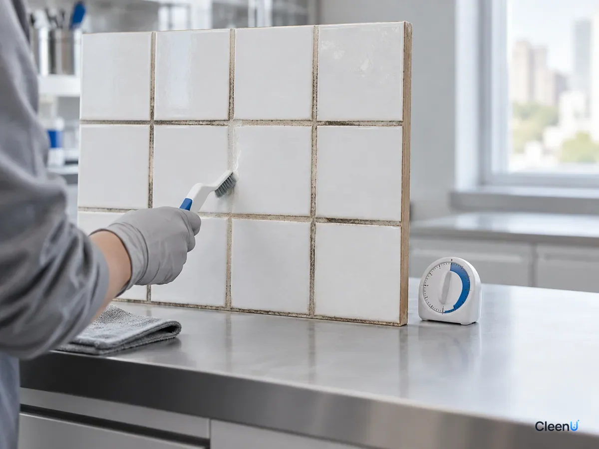AI illustration: Tile grout samples on a laboratory bench, with light and dark sections