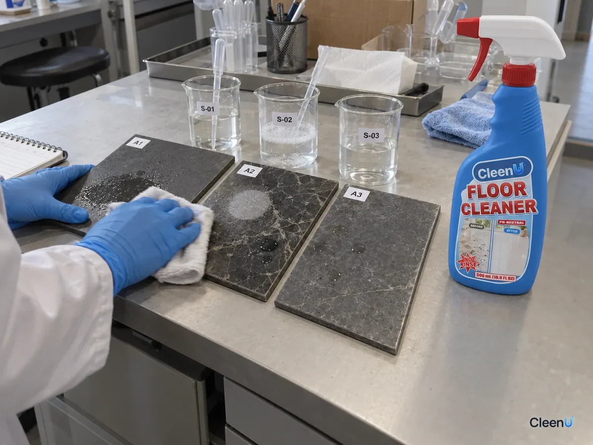 Lab bench: coded tile and marble panels spotted with vinegar, dish soap water, or diluted floor cleaner and dried; the vinegar spot left a dull etch on the marble, beside CleenU Floor Cleaner.