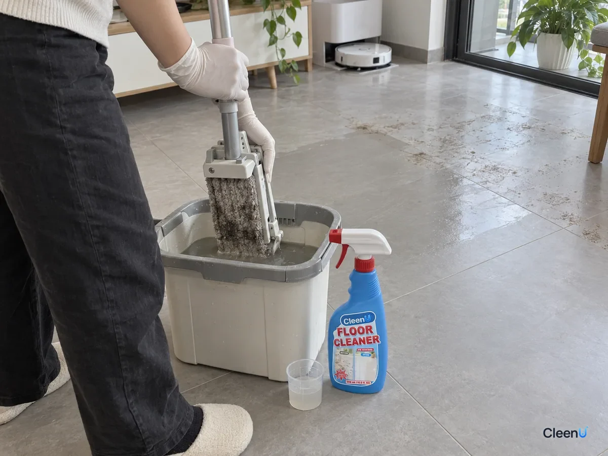 From a step away, a person in white nitrile gloves wrings a flat mop pad over a bucket of gray water; a capped CleenU Floor Cleaner, unmopped tile behind.