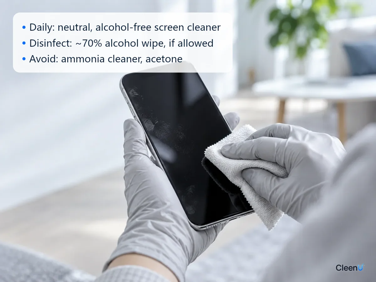 AI illustration: A hand wiping a phone with a gray cloth while its screen is off