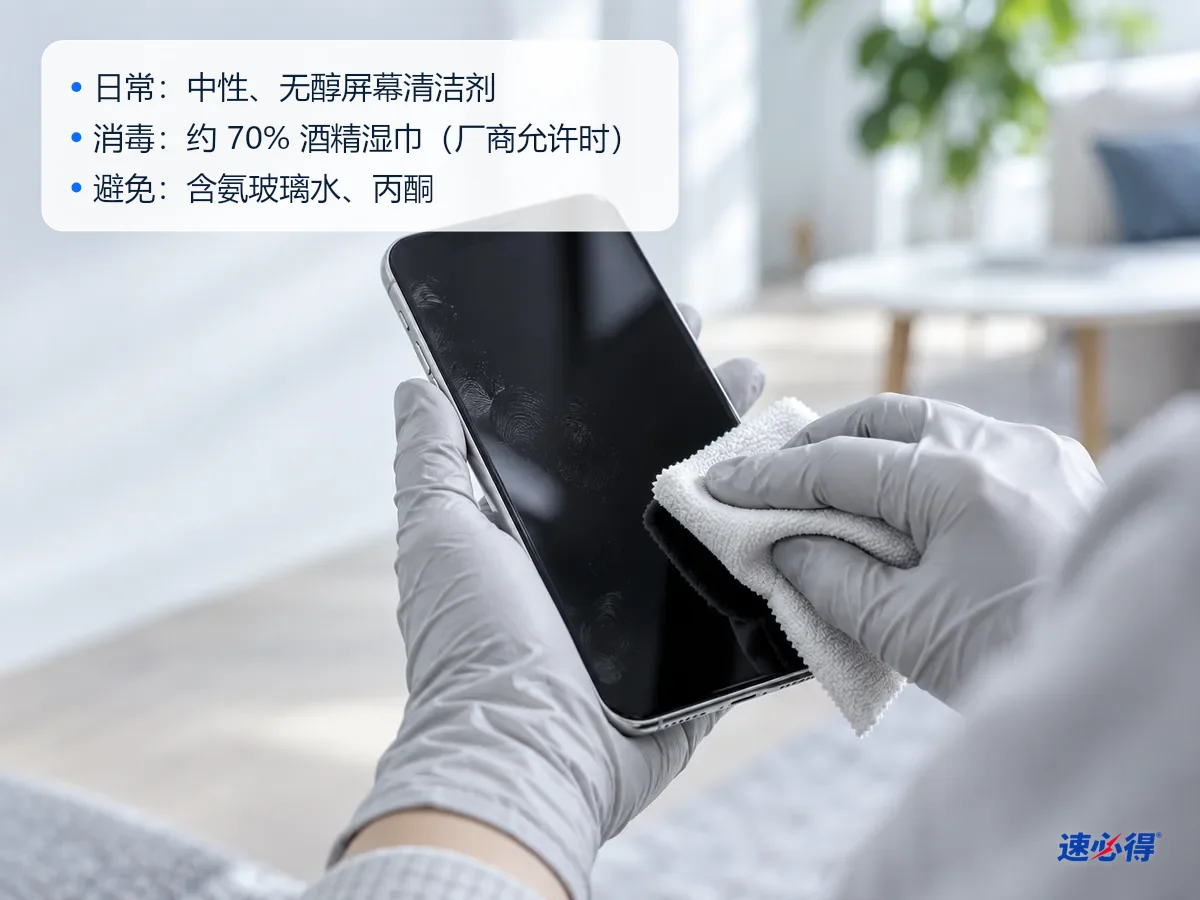 AI 示意图：手用灰色软布擦拭黑屏手机