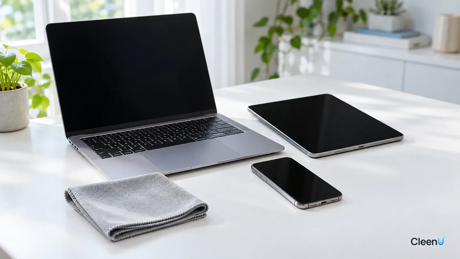 AI illustration: A phone, a tablet and a laptop on a desk with their screens off, next to a folded microfiber cloth