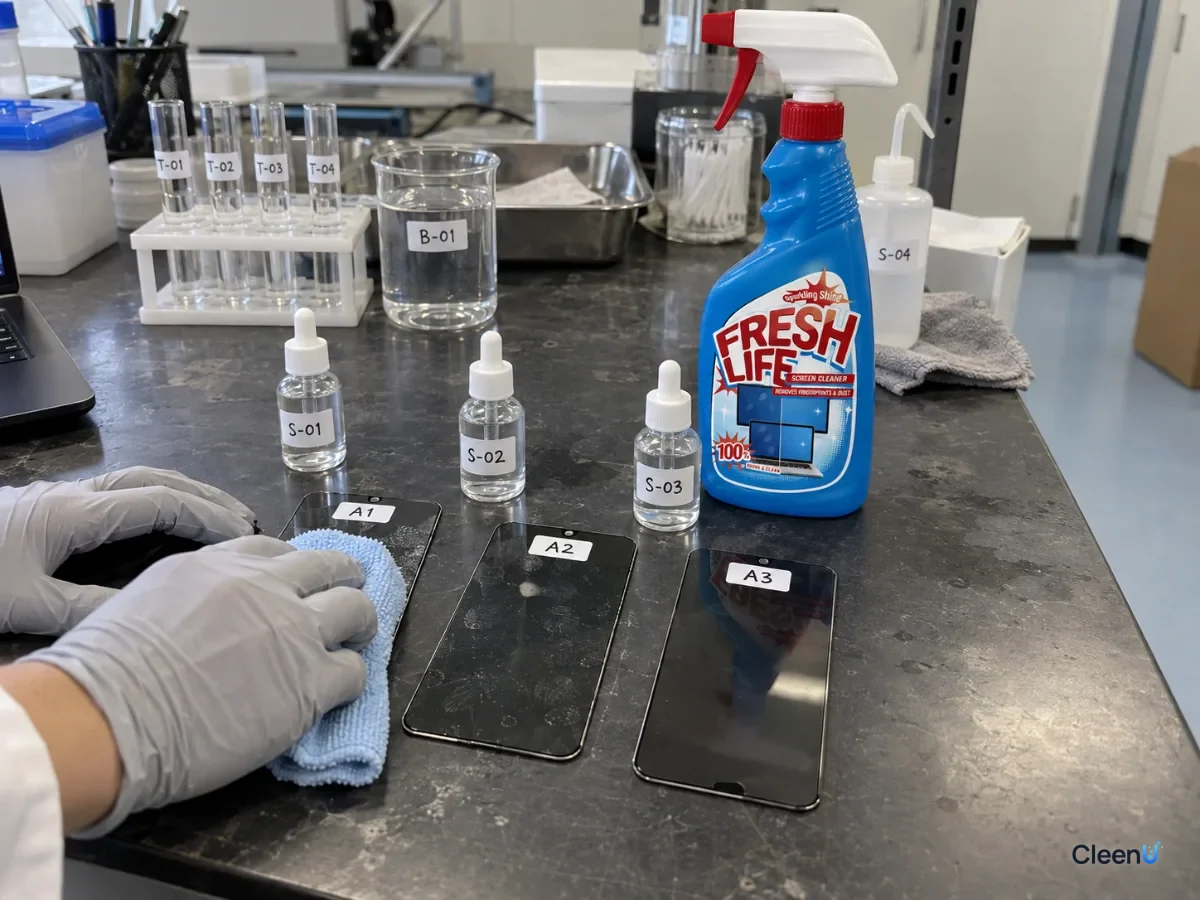 AI illustration: A gloved hand wiping a glass sample beside a cleaner bottle on a laboratory bench
