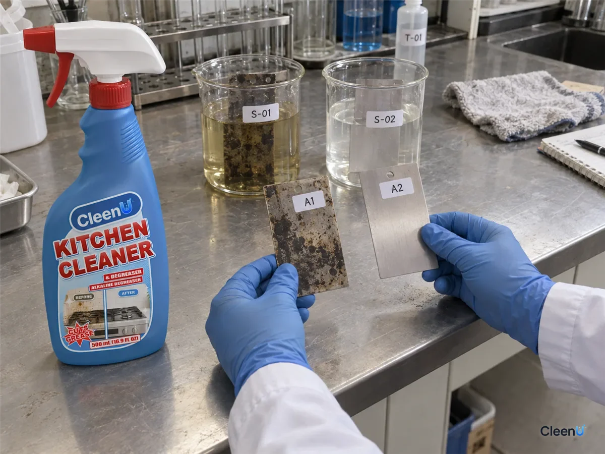 Lab bench: two coded aluminum coupons, one darkened and spotted after soaking in alkaline degreaser, one still silver in neutral detergent, beside CleenU Kitchen Cleaner & Degreaser.