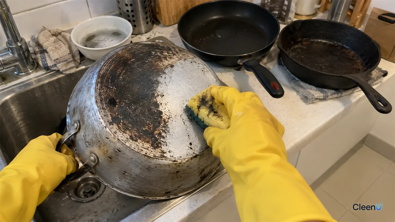 Yellow rubber-gloved hand sponging the black bottom of an aluminum pot, black-grey on the sponge, one patch silver, a nonstick pan and cast iron skillet beside