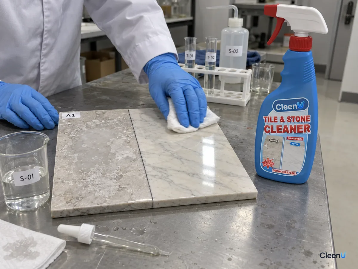 Lab bench: a coded polished marble panel etched dull on the left by descaler and still glossy on the right after neutral stone cleaner, beside CleenU Tile & Stone Cleaner.