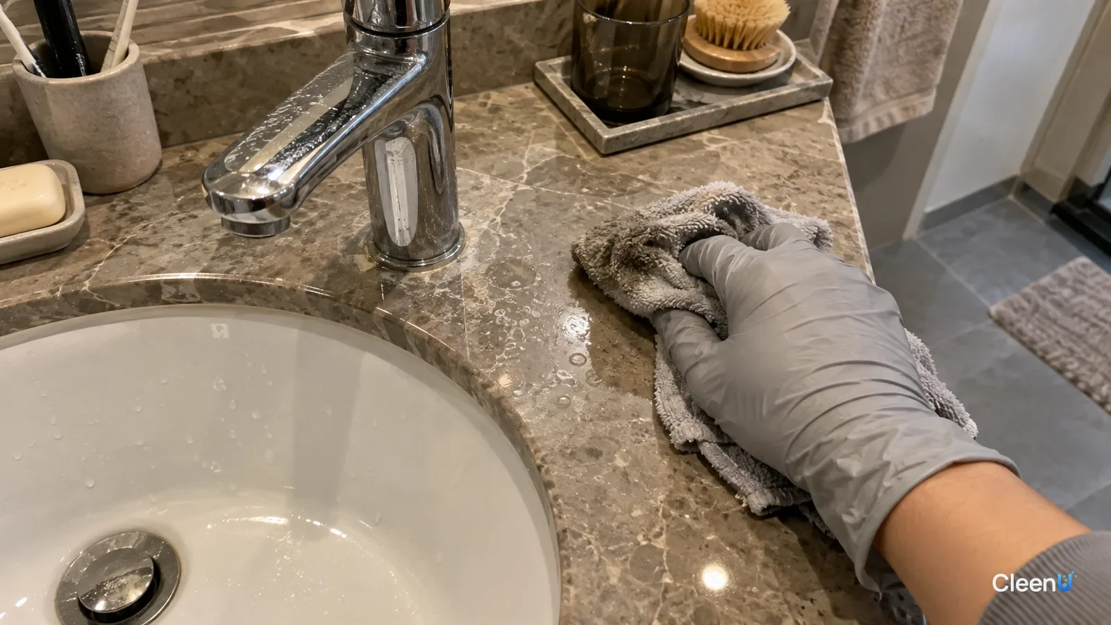 Light grey nitrile-gloved hand wiping white water marks at a faucet base on marble with a wrung cloth, grey-white on the cloth, one side clean, a dull etched spot remains