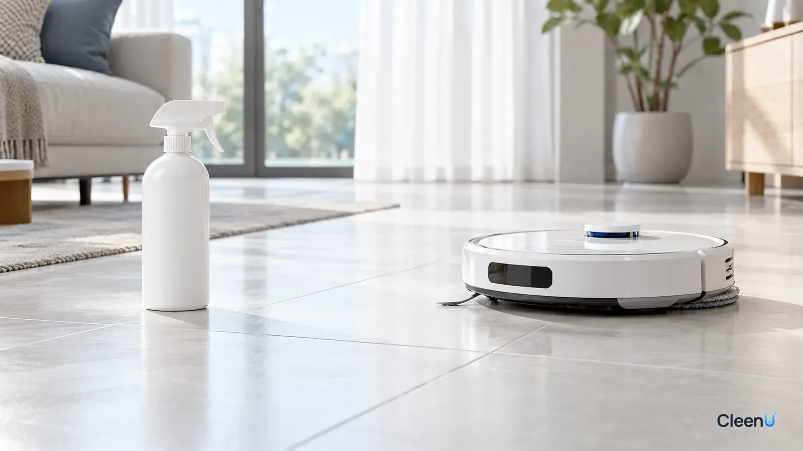 AI illustration: A robot mop on a tile floor beside an unlabeled spray bottle of floor cleaner