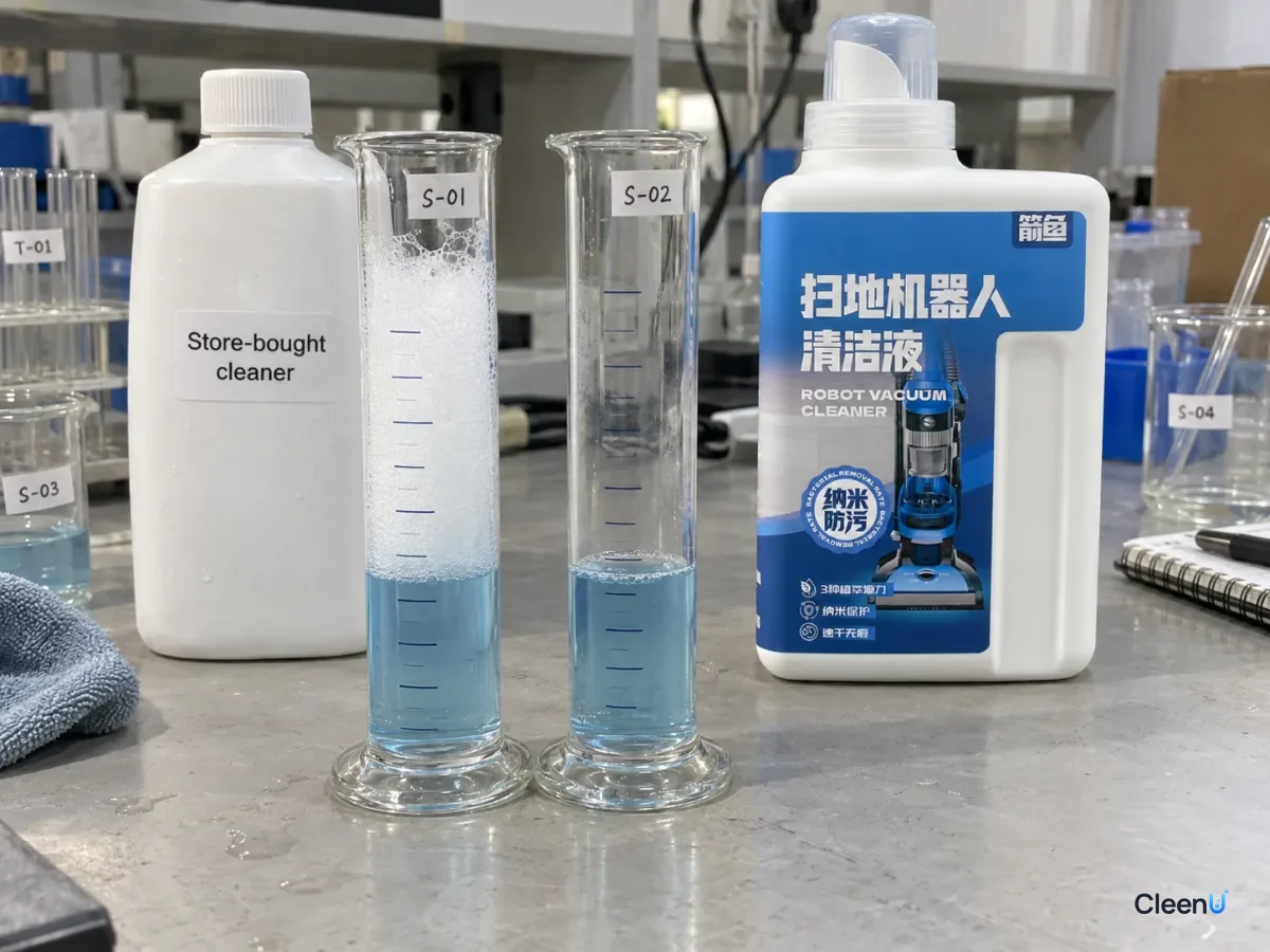 AI illustration: Two graduated cylinders with different foam heights beside blue and white bottles