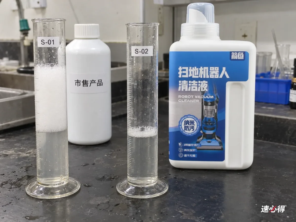 AI 示意图：两只量筒中泡沫高度不同，旁边摆着蓝色和白色瓶子