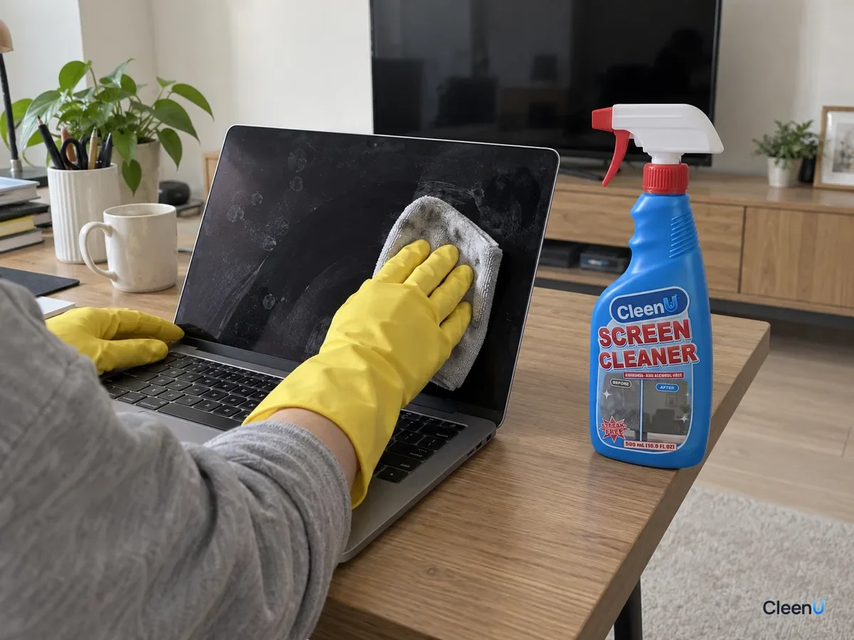 At a desk, yellow rubber-gloved hand lightly wiping a switched-off laptop screen with microfiber, grey smudges on the cloth, a capped CleenU Screen Cleaner standing nearby