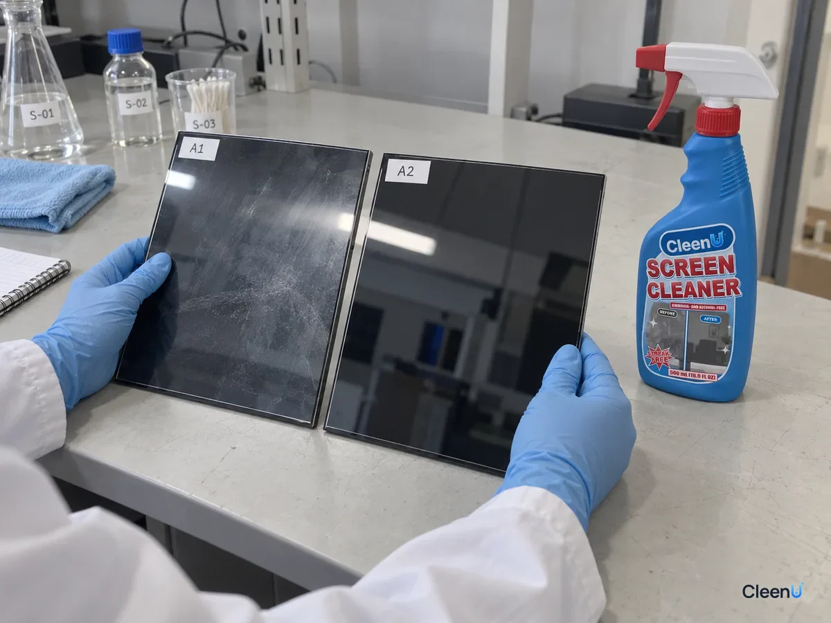 Lab bench: two coded anti-reflective screen panels, one hazed after repeated ammonia wipes, one clear after neutral screen cleaner, compared in side light beside CleenU Screen Cleaner.