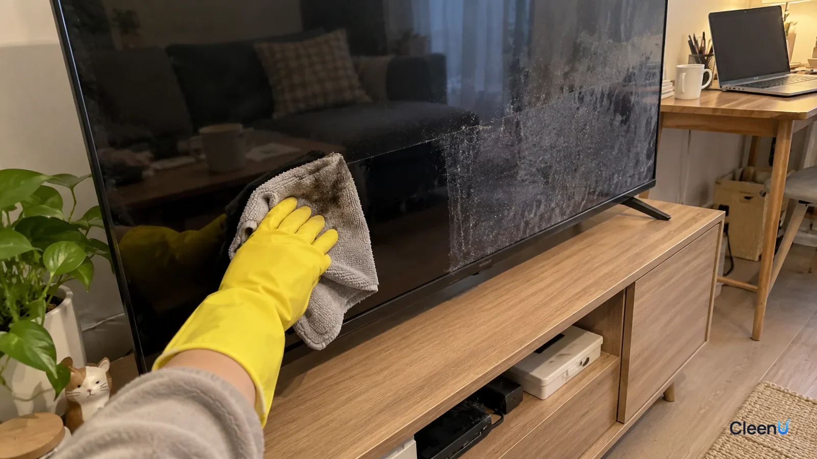 Yellow rubber-gloved hand lightly wiping haze on a switched-off TV with a damp microfiber cloth, grey dust on the cloth, one small patch clearer, haze still beside it