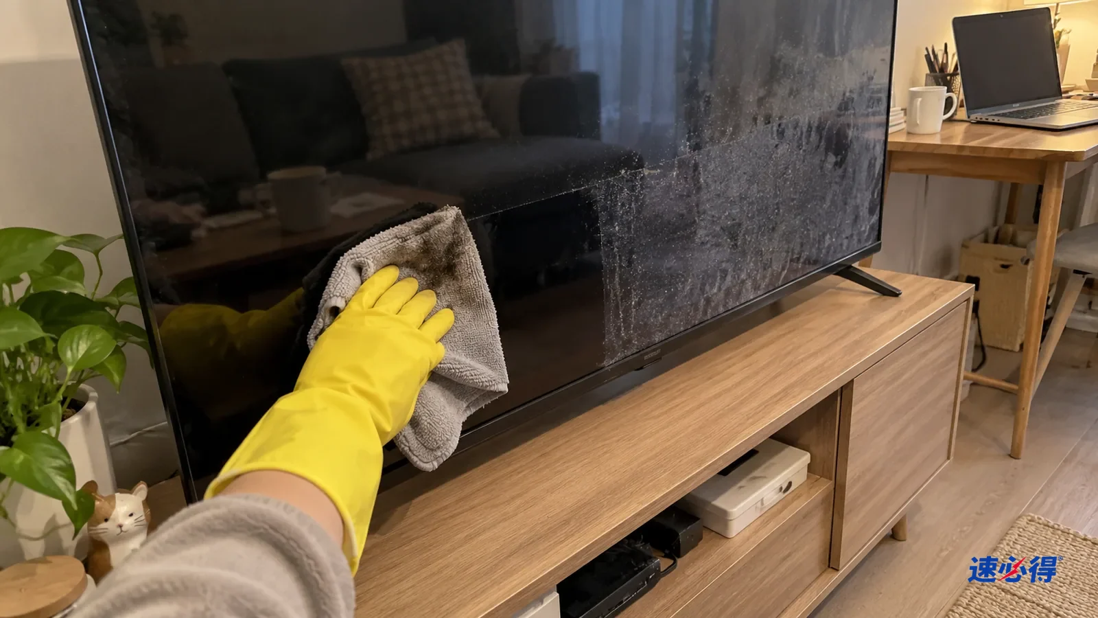 一只戴黄色橡胶手套的手用微湿超细纤维布轻擦关着的电视屏幕下半部雾斑，布面沾灰，擦过的一小块变清，旁边雾斑还在。