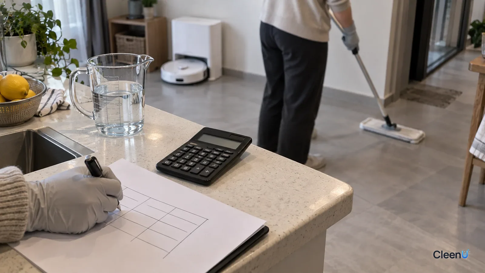 AI illustration: A measuring cup and a calculator on a counter beside a simple hand-drawn comparison table, a robot mop dock in the background