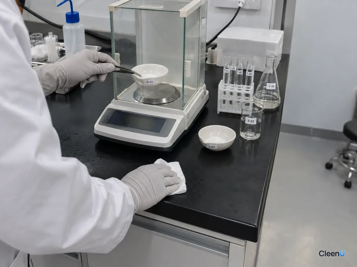 AI illustration: Two evaporating dishes beside a laboratory balance, with a gloved hand holding one dish