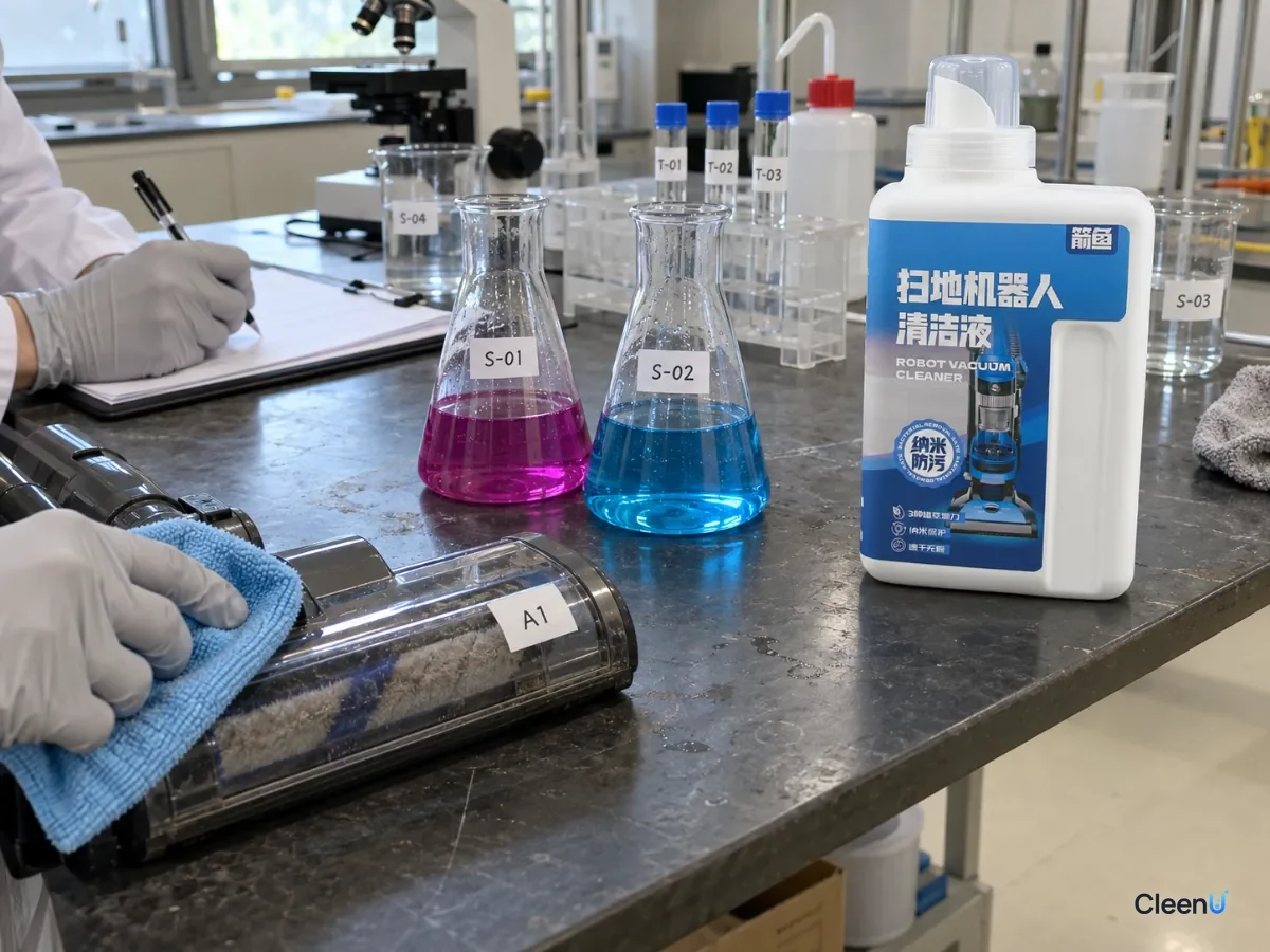 AI illustration: Two flasks containing differently colored liquids beside a notebook and a blue cleaner bottle