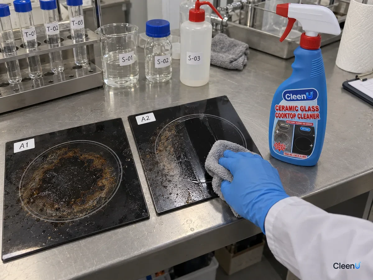 Lab bench with two black glass-ceramic panels with test codes and baked-on rings; one has a clean stripe wiped through after cooktop cleaner, next to a bottle of CleenU Ceramic Glass Cooktop Cleaner.