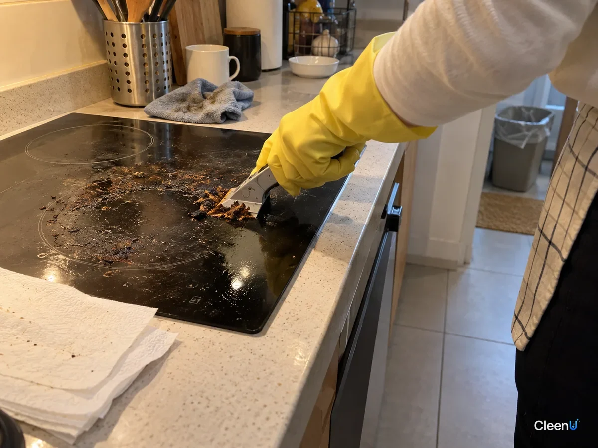 From a step away: a forearm in yellow rubber gloves pushes a cooktop scraper at a low angle, brown flakes piling at the blade; scraped glass dark, burnt marks beside it, paper towels nearby.