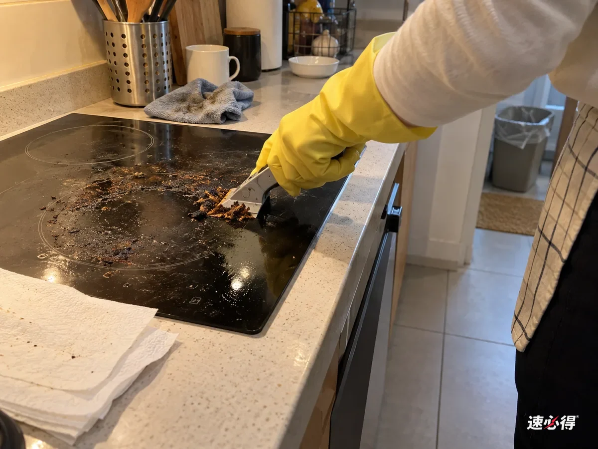 一两步外，站在灶前的人的前臂，戴黄色橡胶手套握炉面刮刀低角度推起焦痕，褐色碎屑堆在刀片前，刮过处黑亮，旁边仍有焦痕，厨房纸叠在台面。
