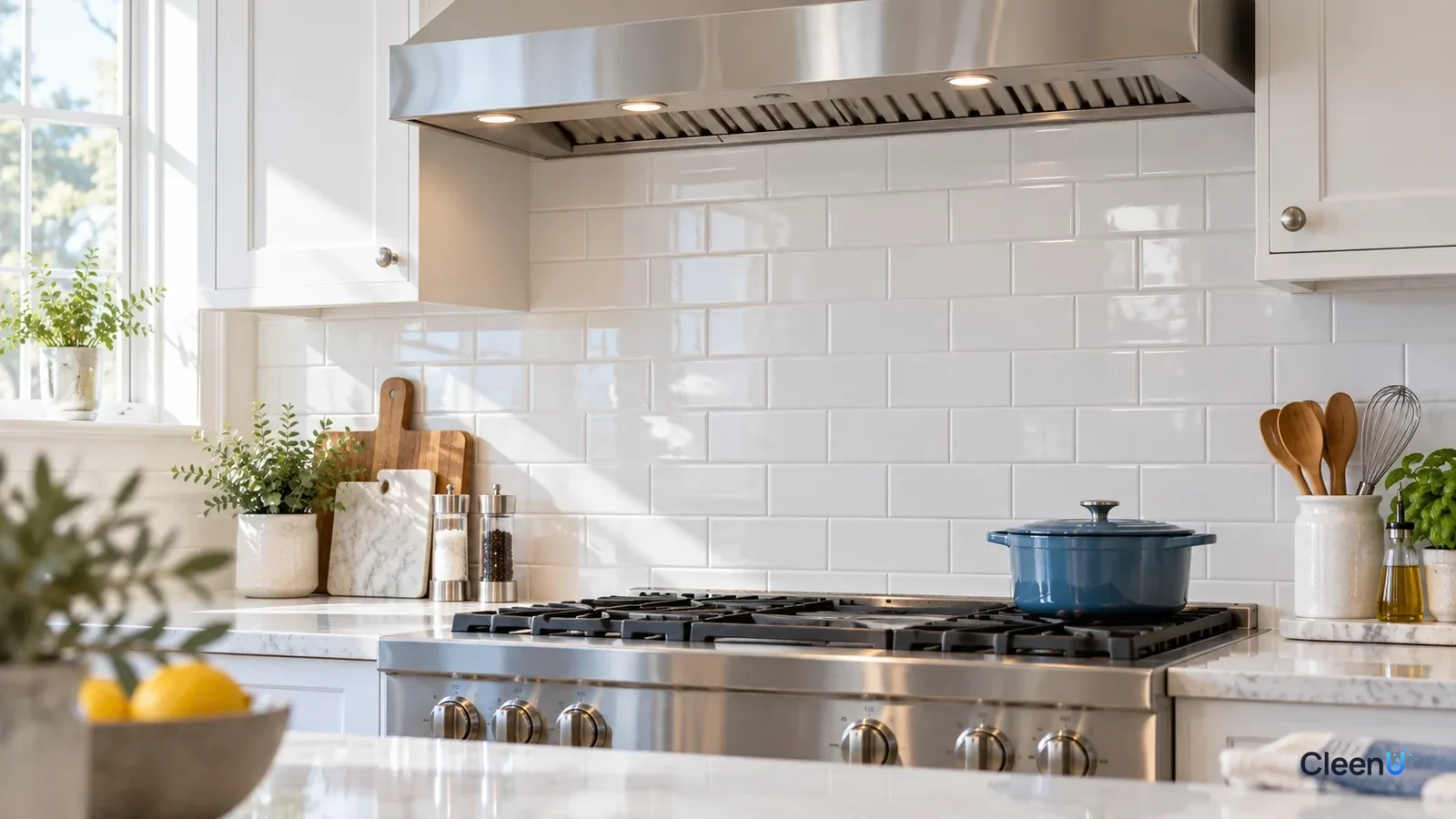 AI illustration: A clean, bright white tile backsplash behind a stainless steel cooktop