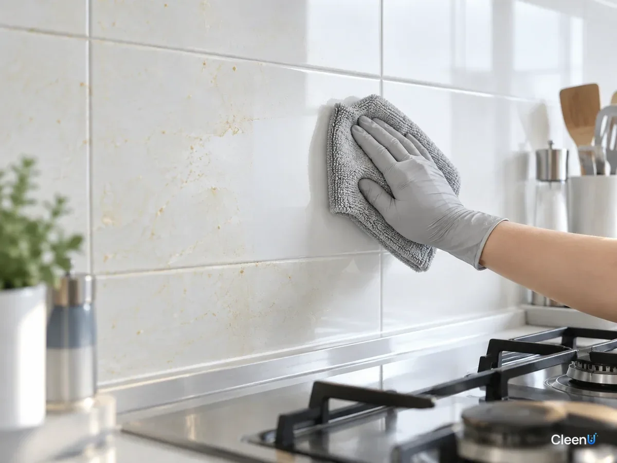 AI illustration: A gloved hand wiping grease film off backsplash tile with a damp microfiber cloth