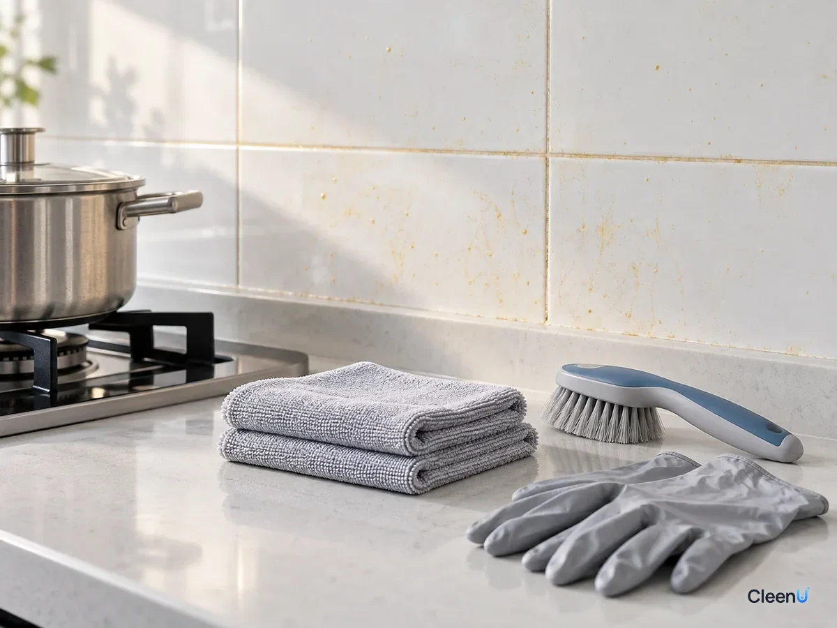 AI illustration: Microfiber cloths, a soft brush and gloves by the stove, in front of a tile backsplash with a grease film