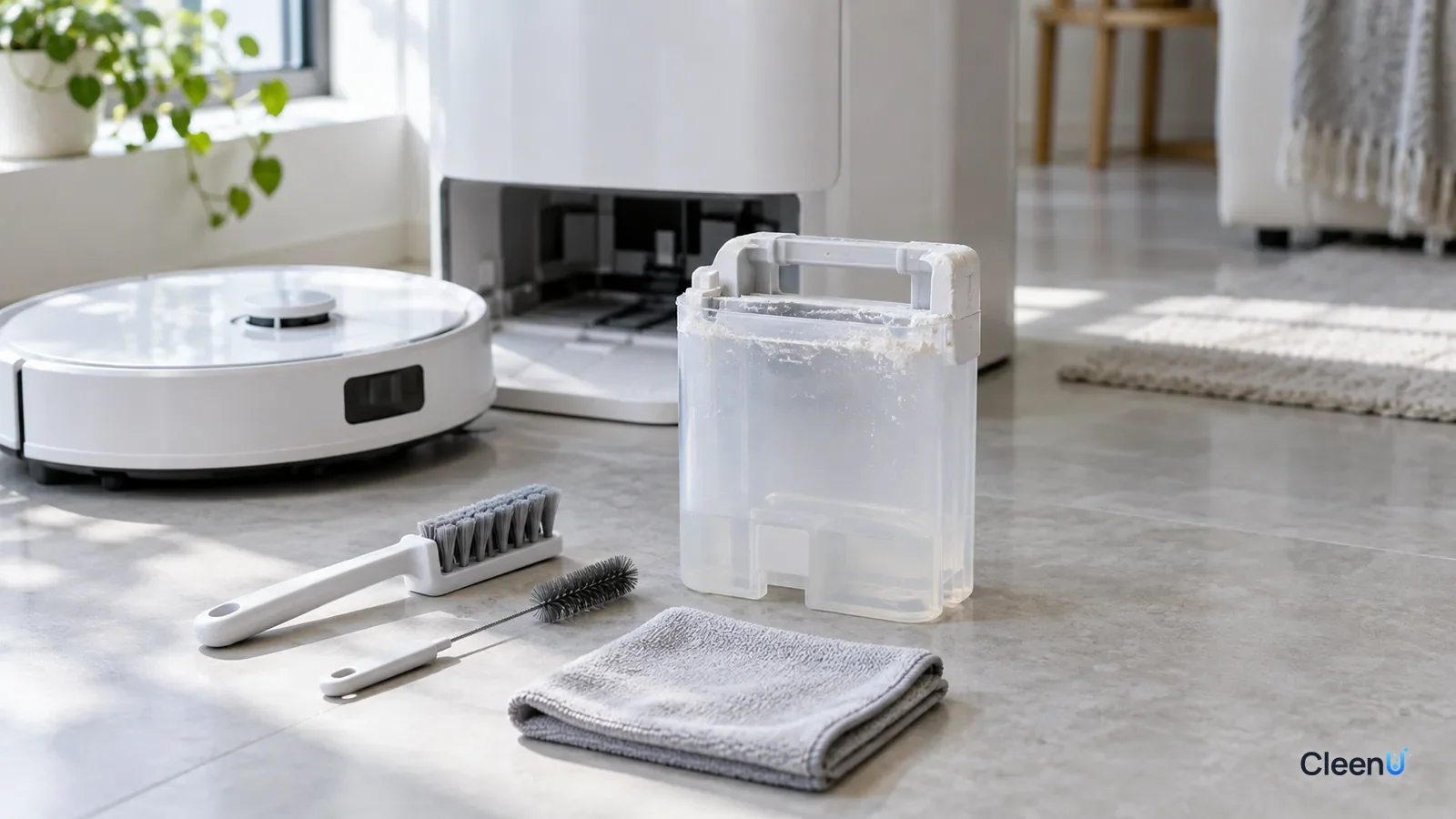 AI illustration: An empty detergent compartment removed from a dock on a light counter, a ring of white crystals around its opening, with a soft brush and cloth beside it
