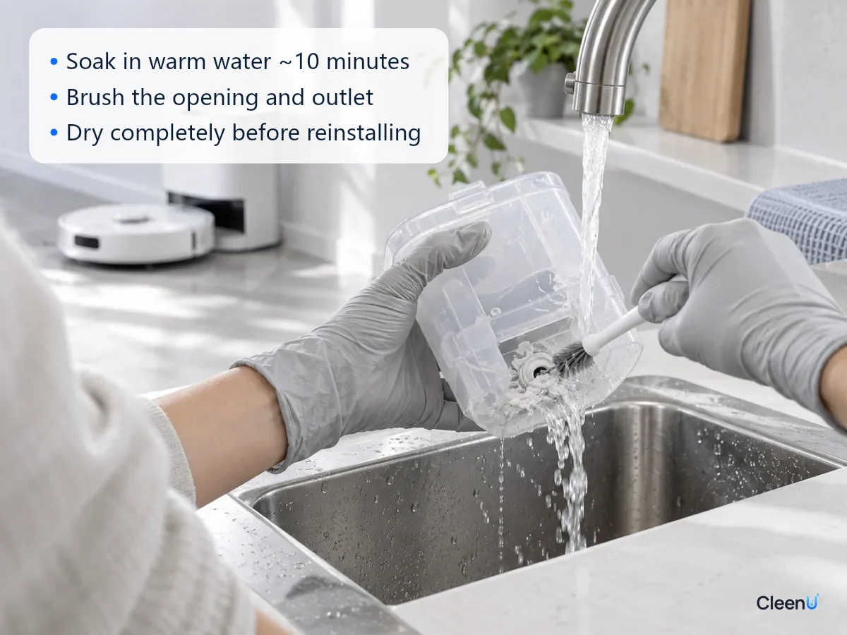 AI illustration: A gloved hand clearing a detergent compartment's outlet with a fine soft brush at the sink as warm water washes white crystals off the opening